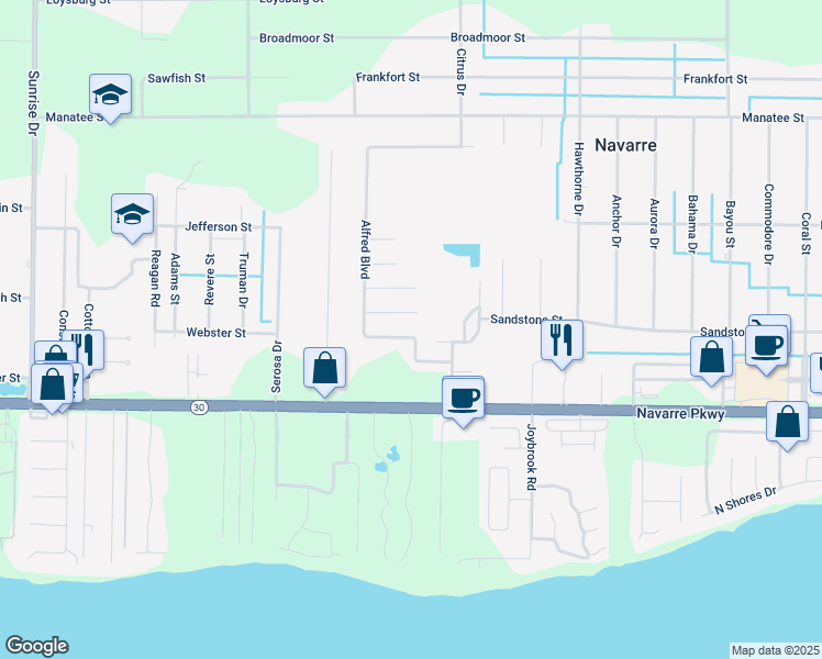 map of restaurants, bars, coffee shops, grocery stores, and more near 1900 Alfred Boulevard in Navarre