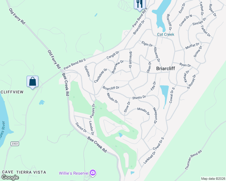 map of restaurants, bars, coffee shops, grocery stores, and more near 22336 Briarcliff Drive in Spicewood