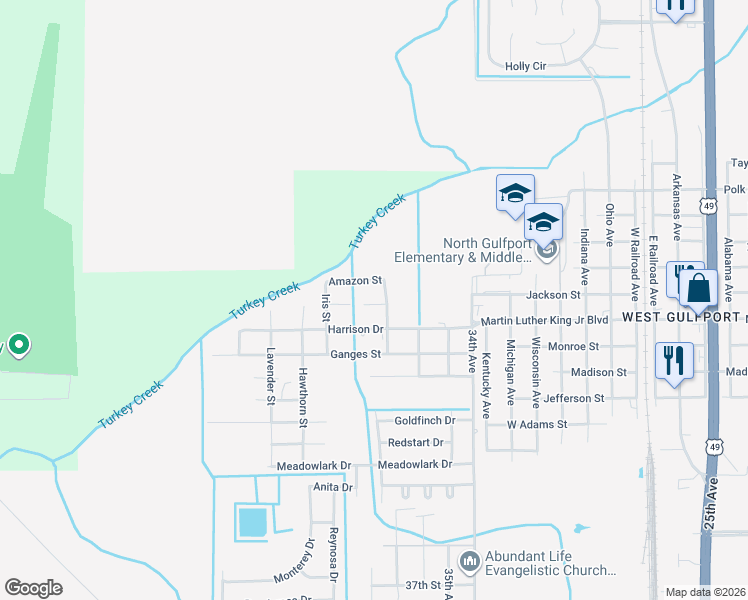 map of restaurants, bars, coffee shops, grocery stores, and more near 3711 Amazon Street in Gulfport