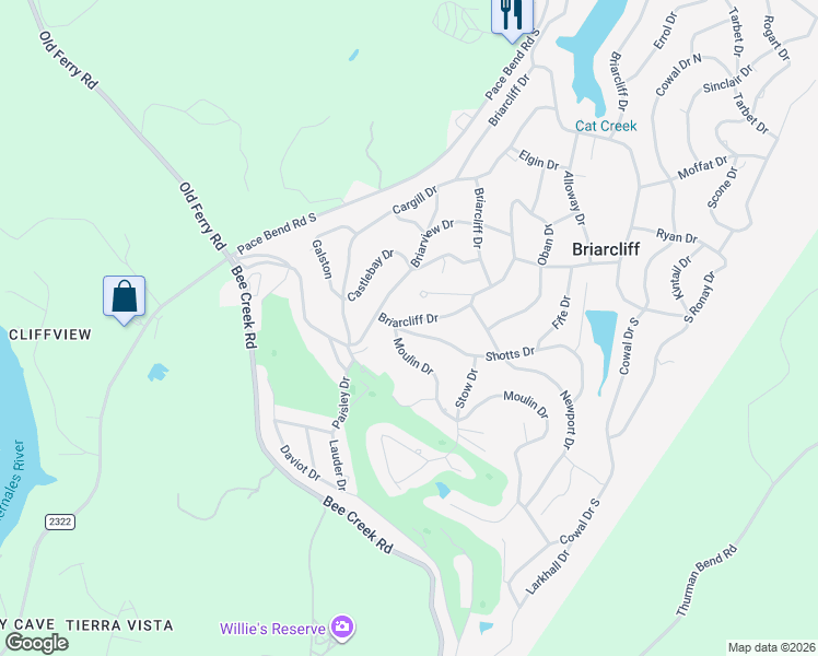 map of restaurants, bars, coffee shops, grocery stores, and more near 22336 Briarcliff Drive in Spicewood