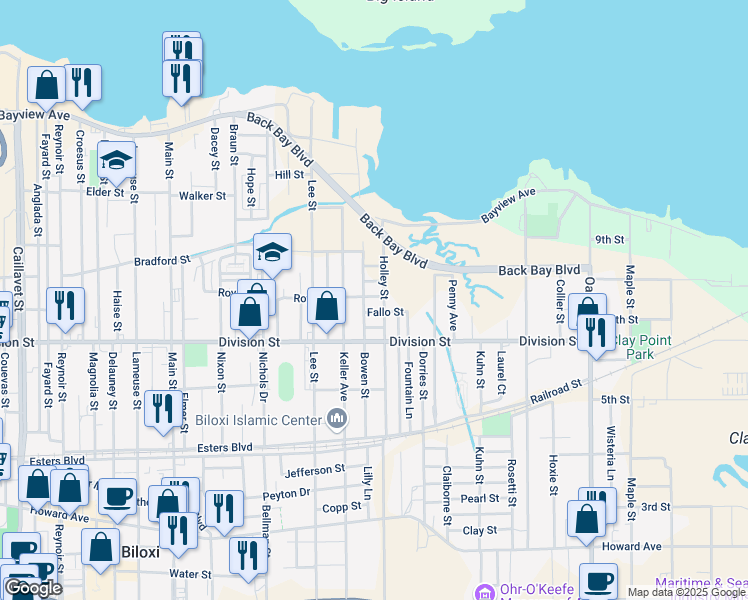 map of restaurants, bars, coffee shops, grocery stores, and more near 507 Roy Street in Biloxi