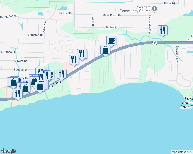 map of restaurants, bars, coffee shops, grocery stores, and more near 8997 Navarre Parkway in Navarre