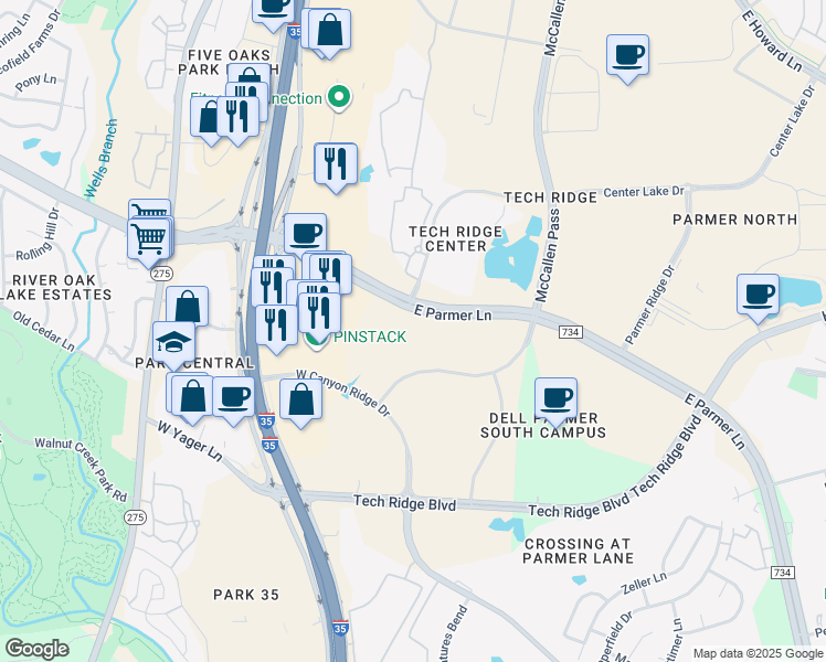 map of restaurants, bars, coffee shops, grocery stores, and more near 12504 West Canyon Ridge Drive in Austin