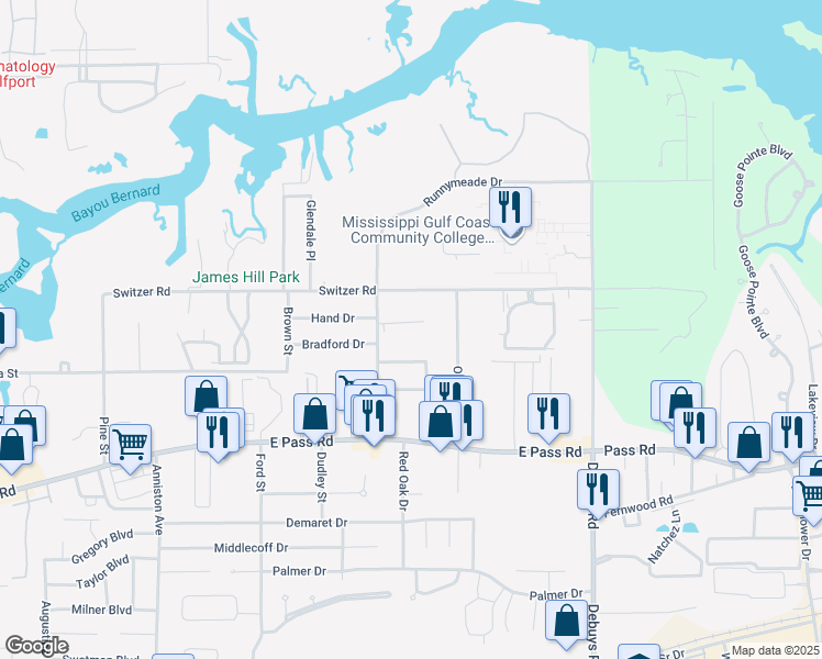 map of restaurants, bars, coffee shops, grocery stores, and more near 2117 Lindhridge Drive in Gulfport