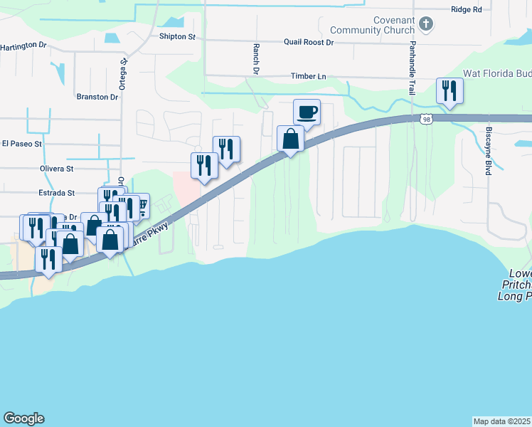 map of restaurants, bars, coffee shops, grocery stores, and more near 8997 Navarre Parkway in Navarre