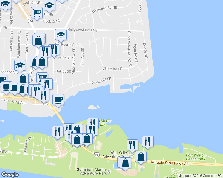 map of restaurants, bars, coffee shops, grocery stores, and more near 206 Hood Avenue Southeast in Fort Walton Beach