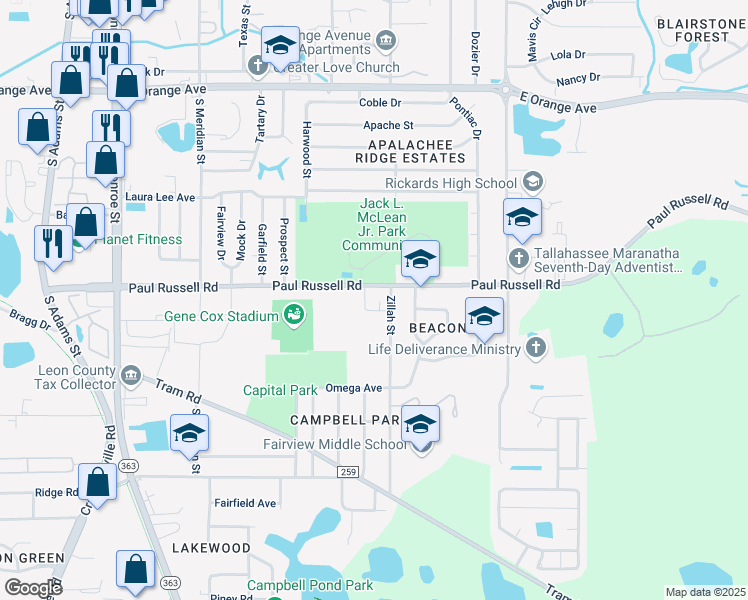map of restaurants, bars, coffee shops, grocery stores, and more near 615 Paul Russell Road in Tallahassee