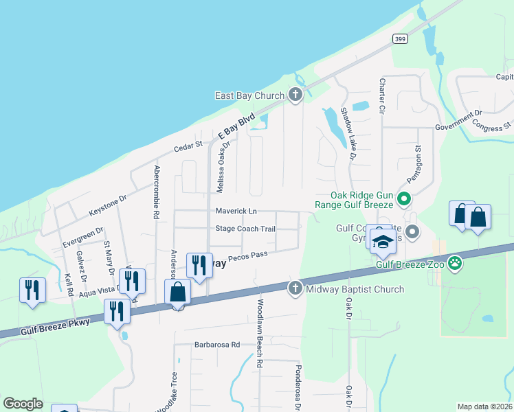 map of restaurants, bars, coffee shops, grocery stores, and more near 1832 Bay Pine Circle in Gulf Breeze