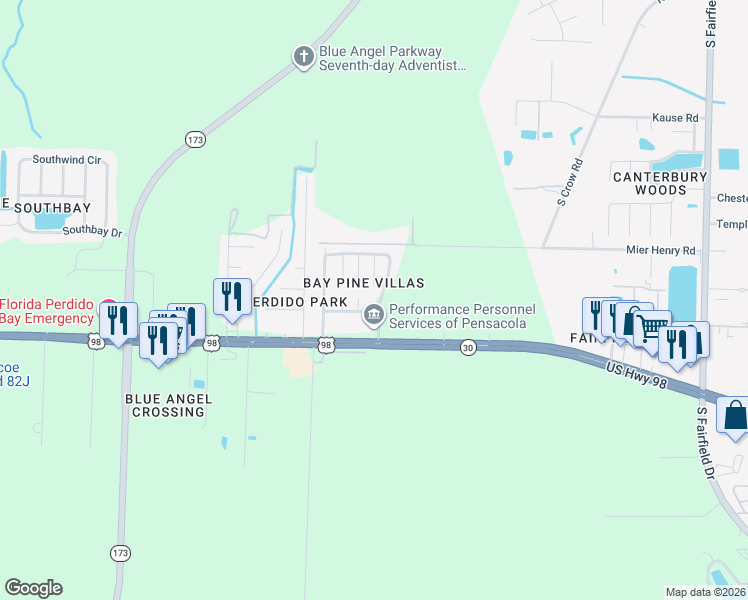 map of restaurants, bars, coffee shops, grocery stores, and more near 513 Bay Pine Villas Drive in Pensacola