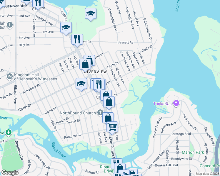map of restaurants, bars, coffee shops, grocery stores, and more near 8953 Adams Avenue in Jacksonville