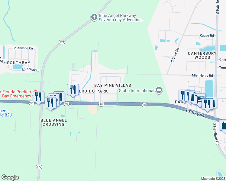 map of restaurants, bars, coffee shops, grocery stores, and more near 500 Wood Crest Way in Pensacola