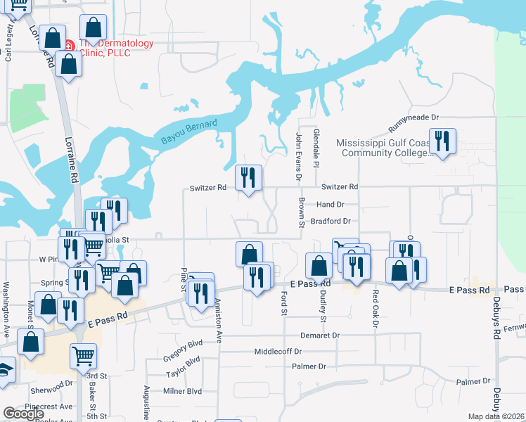 map of restaurants, bars, coffee shops, grocery stores, and more near 1901 Switzer Road in Gulfport