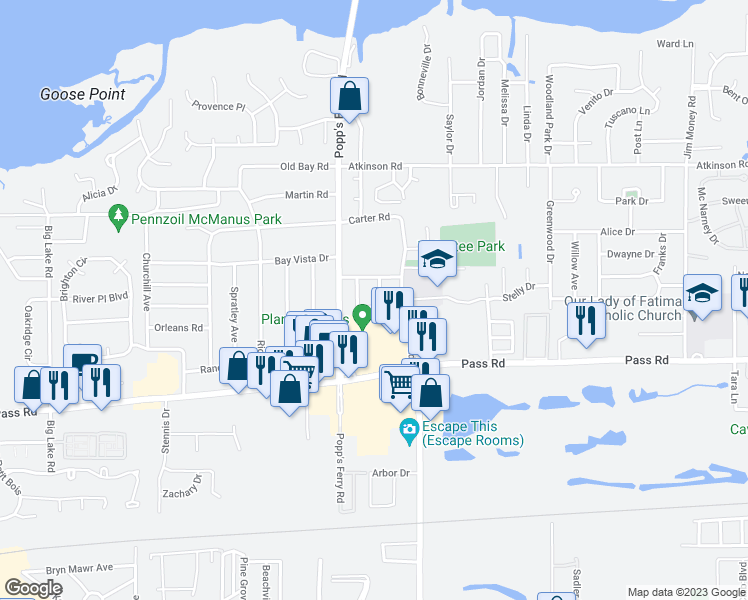 map of restaurants, bars, coffee shops, grocery stores, and more near 353 Bells Ferry Drive in Biloxi