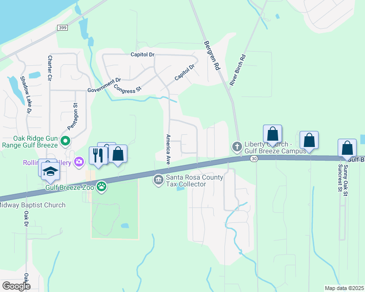 map of restaurants, bars, coffee shops, grocery stores, and more near 5881 Supreme Street in Gulf Breeze