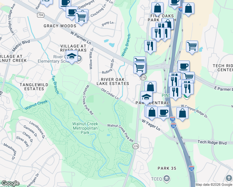 map of restaurants, bars, coffee shops, grocery stores, and more near 12307 Blue Water Drive in Austin