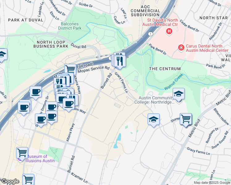 map of restaurants, bars, coffee shops, grocery stores, and more near 11901 Burnet Road in Austin