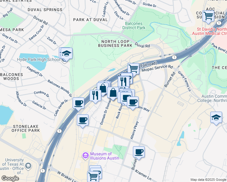 map of restaurants, bars, coffee shops, grocery stores, and more near 11718 Domain Drive in Austin