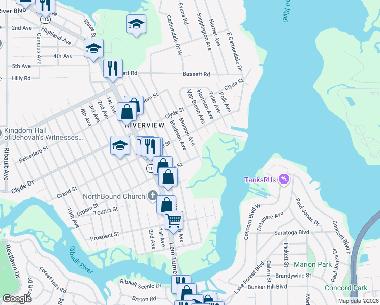 map of restaurants, bars, coffee shops, grocery stores, and more near 8946 Madison Avenue in Jacksonville