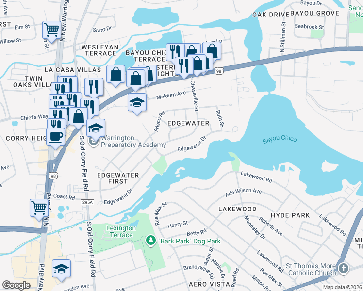 map of restaurants, bars, coffee shops, grocery stores, and more near 324 Chaseville Street in Pensacola