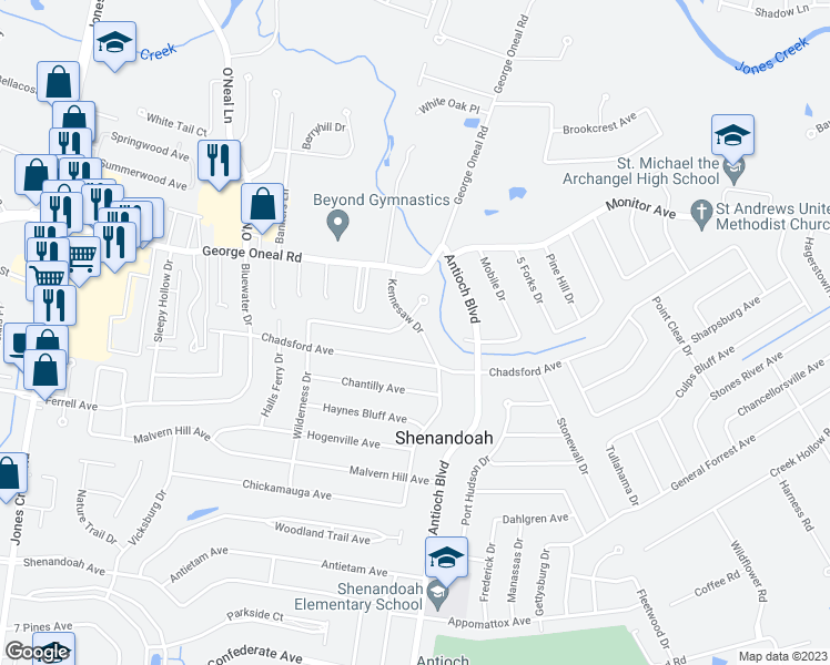 map of restaurants, bars, coffee shops, grocery stores, and more near 5124 Kennesaw Drive in Baton Rouge
