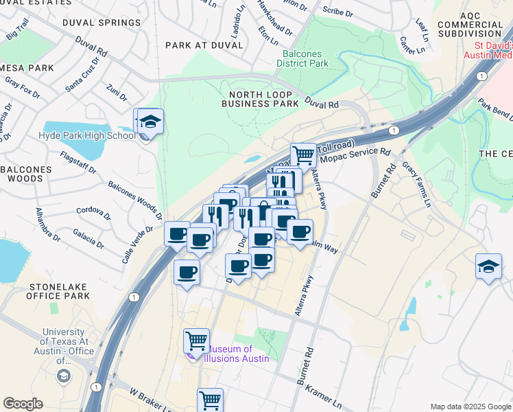 map of restaurants, bars, coffee shops, grocery stores, and more near 11721 Domain Drive in Austin