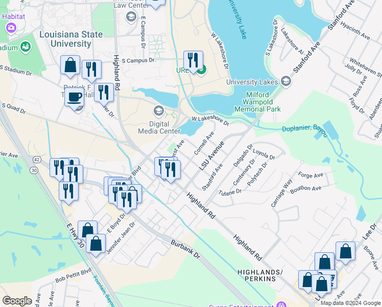map of restaurants, bars, coffee shops, grocery stores, and more near 321 Cornell Avenue in Baton Rouge