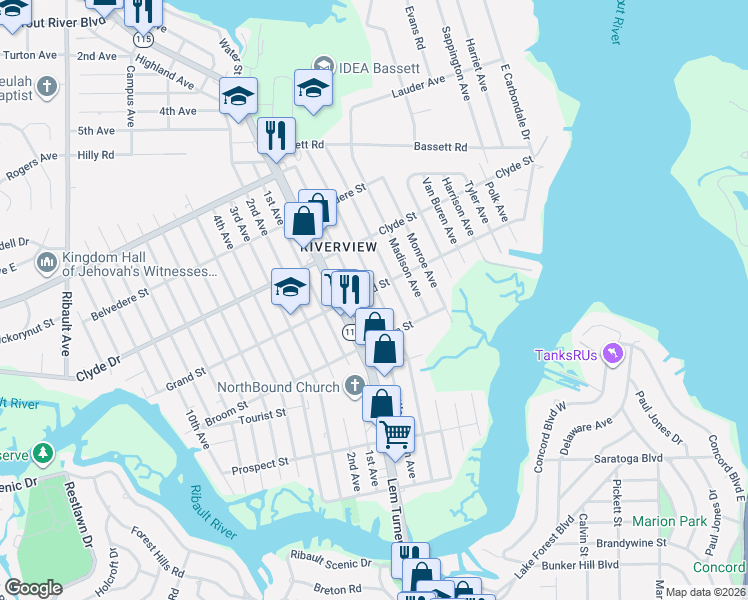 map of restaurants, bars, coffee shops, grocery stores, and more near 8962 Adams Ave in Jacksonville