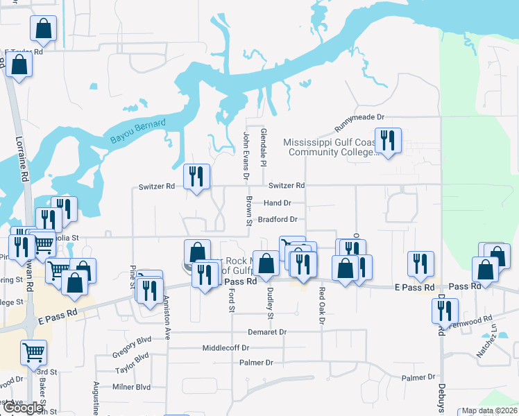 map of restaurants, bars, coffee shops, grocery stores, and more near 2001 Hand Drive in Gulfport