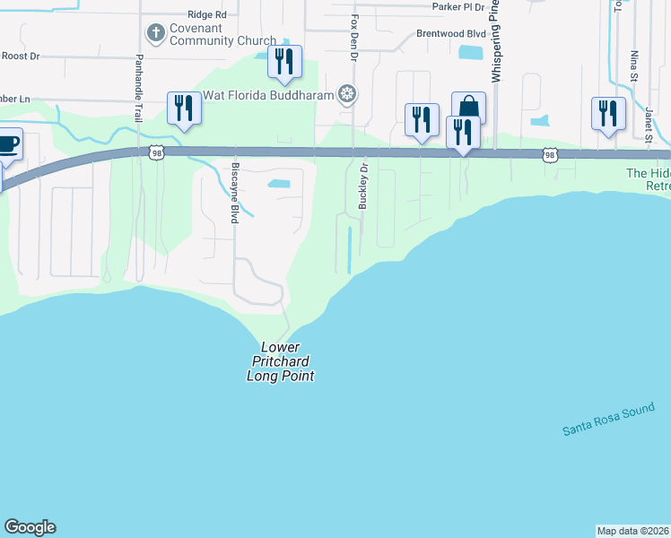 map of restaurants, bars, coffee shops, grocery stores, and more near Palmetto Ridge Court in Navarre