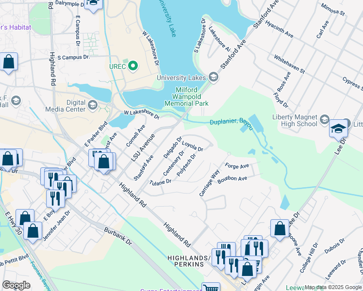 map of restaurants, bars, coffee shops, grocery stores, and more near 615 Delgado Drive in Baton Rouge
