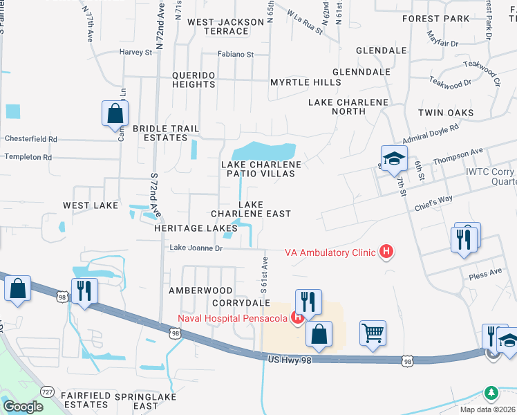 map of restaurants, bars, coffee shops, grocery stores, and more near 59 Narrow Lane Court in Pensacola
