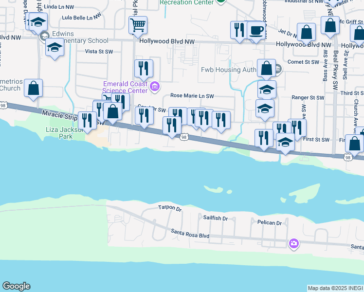 map of restaurants, bars, coffee shops, grocery stores, and more near 214 Miracle Strip Parkway Southwest in Fort Walton Beach