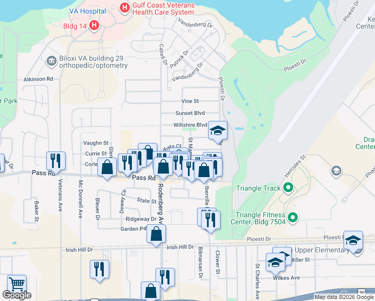 map of restaurants, bars, coffee shops, grocery stores, and more near 331 Saint Mary Boulevard in Biloxi