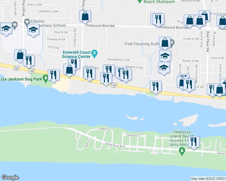 map of restaurants, bars, coffee shops, grocery stores, and more near 214 Miracle Strip Parkway Southwest in Fort Walton Beach