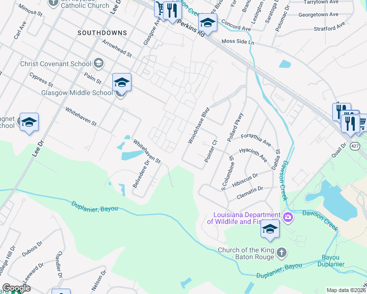 map of restaurants, bars, coffee shops, grocery stores, and more near 1623 Woodchase Boulevard in Baton Rouge