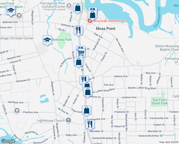 map of restaurants, bars, coffee shops, grocery stores, and more near 4419 Tram Street in Moss Point