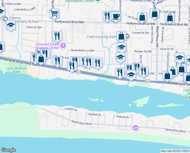 map of restaurants, bars, coffee shops, grocery stores, and more near 124 U.S. 98 in Fort Walton Beach