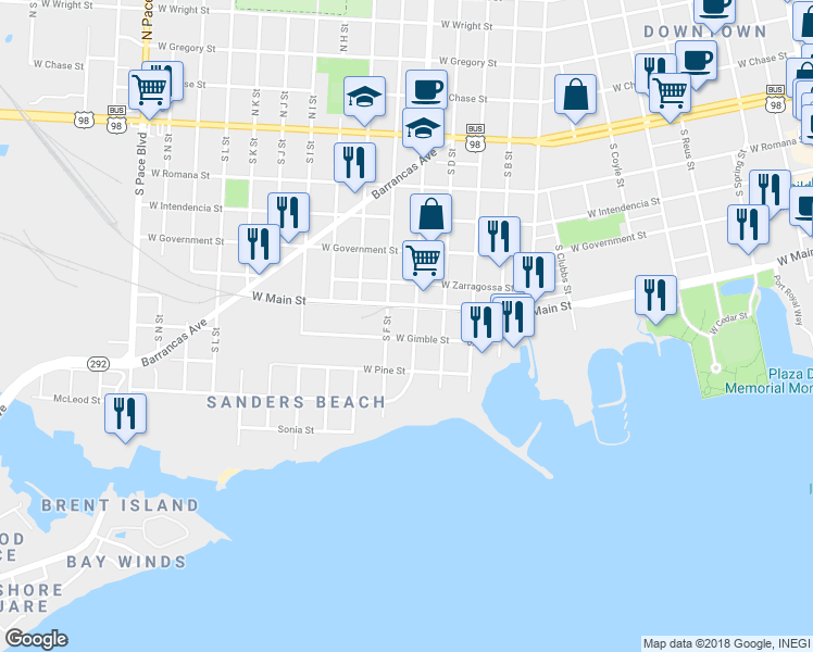 map of restaurants, bars, coffee shops, grocery stores, and more near 519 South E Street in Pensacola