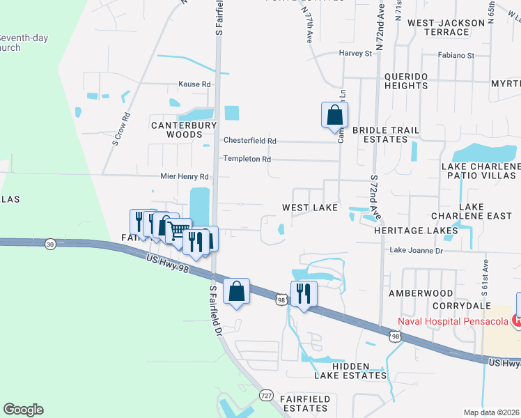 map of restaurants, bars, coffee shops, grocery stores, and more near 496 South Fairfield Drive in Pensacola