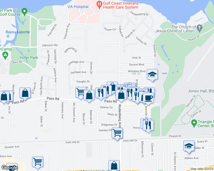 map of restaurants, bars, coffee shops, grocery stores, and more near 1718 Pass Road in Biloxi