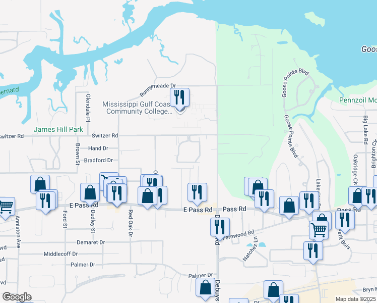 map of restaurants, bars, coffee shops, grocery stores, and more near 2255 Switzer Road in Gulfport