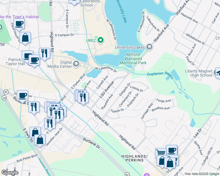 map of restaurants, bars, coffee shops, grocery stores, and more near 505 Stanford Avenue in Baton Rouge