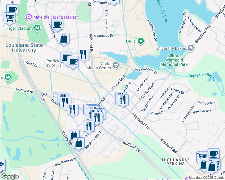 map of restaurants, bars, coffee shops, grocery stores, and more near 4212 Oxford Avenue in Baton Rouge