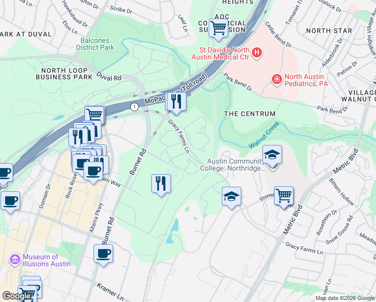 map of restaurants, bars, coffee shops, grocery stores, and more near 11900 Hobby Horse Court in Austin