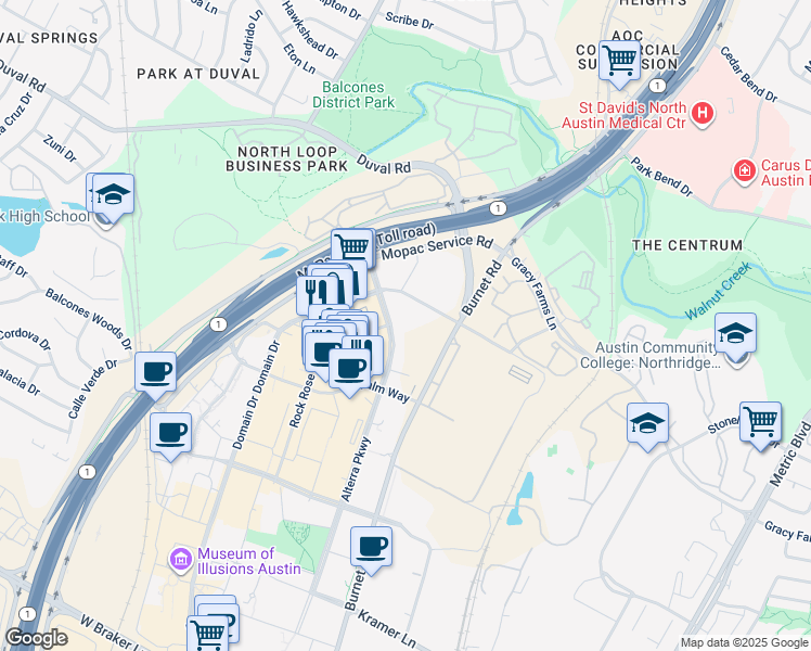 map of restaurants, bars, coffee shops, grocery stores, and more near 10902 Burnet Road in Austin