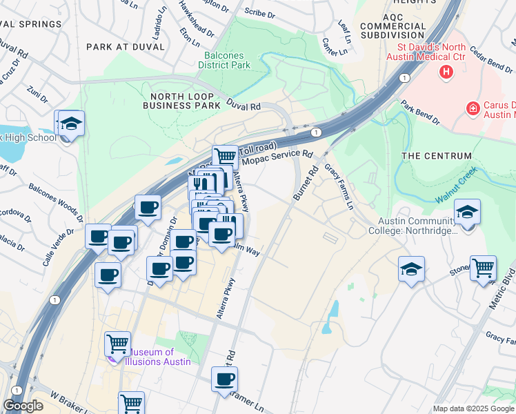 map of restaurants, bars, coffee shops, grocery stores, and more near 11815 Alterra Parkway in Austin