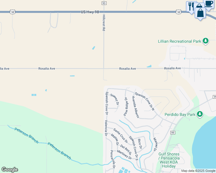 map of restaurants, bars, coffee shops, grocery stores, and more near 3227 Spanish Cove Dr in Lillian