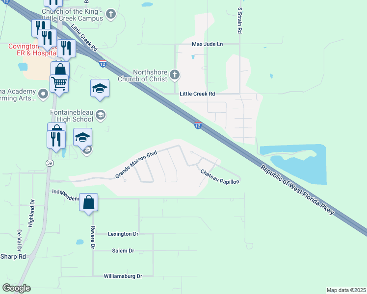 map of restaurants, bars, coffee shops, grocery stores, and more near 605 Chateau Andelot in Mandeville
