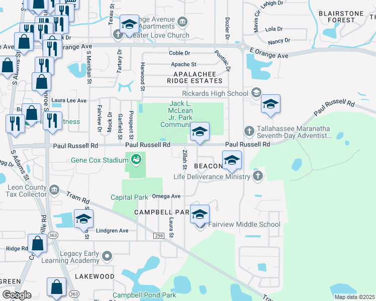 map of restaurants, bars, coffee shops, grocery stores, and more near 3205 Zillah Street in Tallahassee