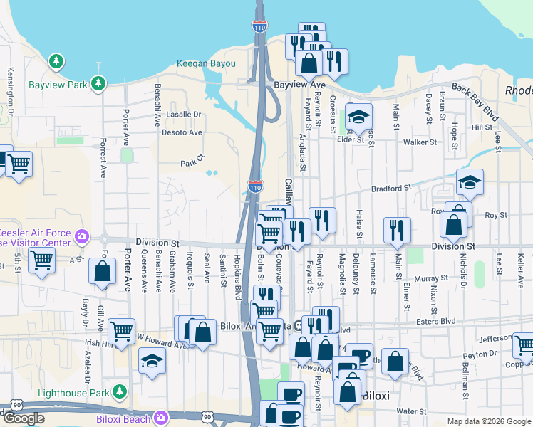 map of restaurants, bars, coffee shops, grocery stores, and more near 327 Couevas Street in Biloxi